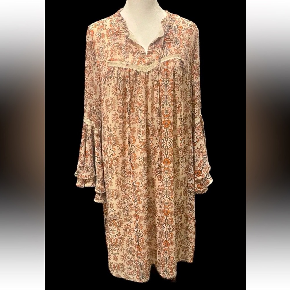 Gibson Latimer Red and Cream Bell Sleeve Midi Sundress Boho Sz M